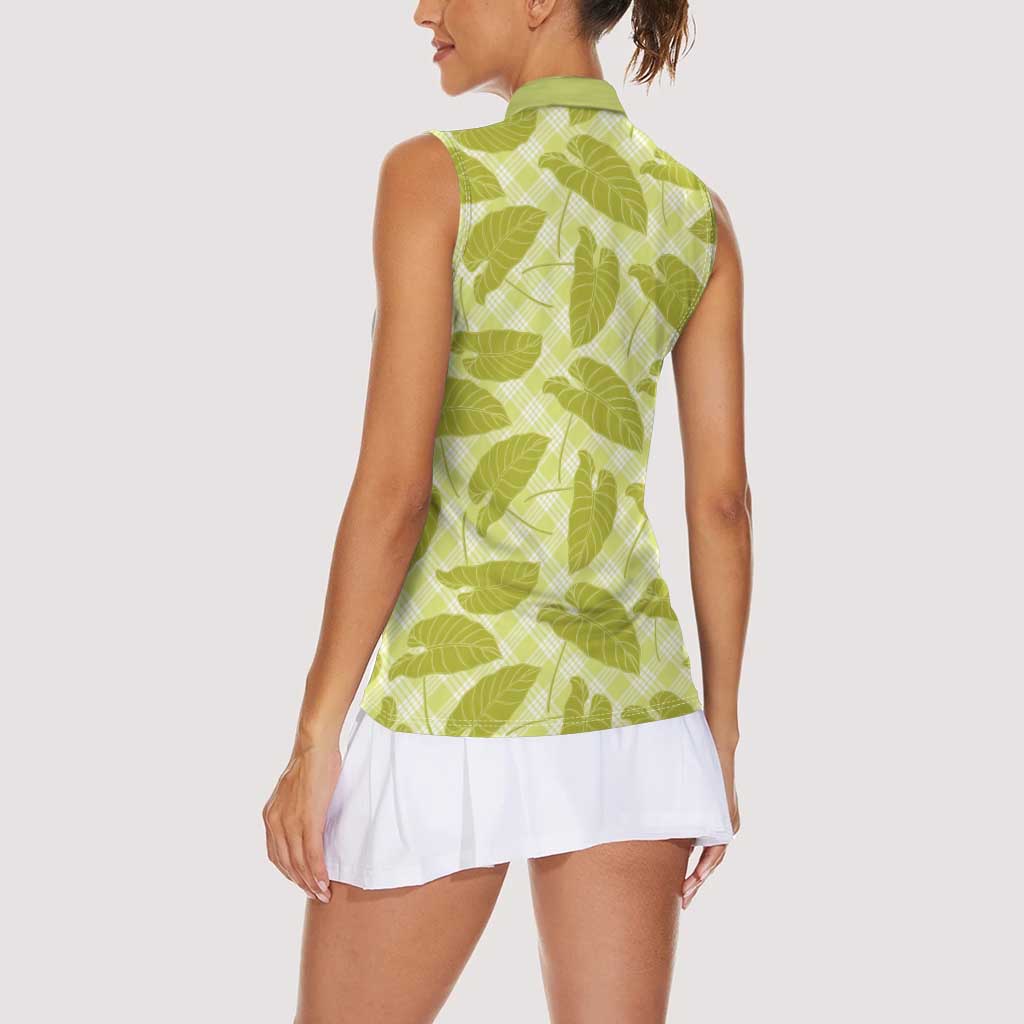Lime Green Hawaii Kalo Palaka Motifs Women Sleeveless Polo Shirt Hawaiian Taro Leaves Elegant Vibes - Polynesian Pride