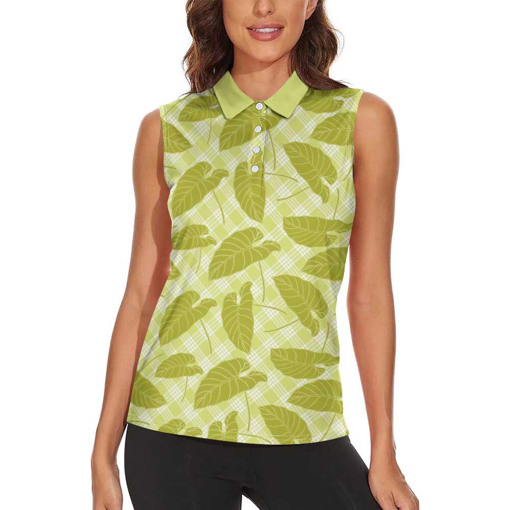 Lime Green Hawaii Kalo Palaka Motifs Women Sleeveless Polo Shirt Hawaiian Taro Leaves Elegant Vibes - Polynesian Pride
