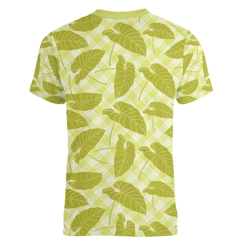 Lime Green Hawaii Kalo Palaka Motifs Women V-Neck T-Shirt Hawaiian Taro Leaves Elegant Vibes - Polynesian Pride