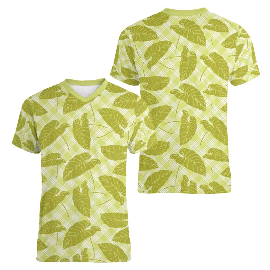 Lime Green Hawaii Kalo Palaka Motifs Women V-Neck T-Shirt Hawaiian Taro Leaves Elegant Vibes - Polynesian Pride