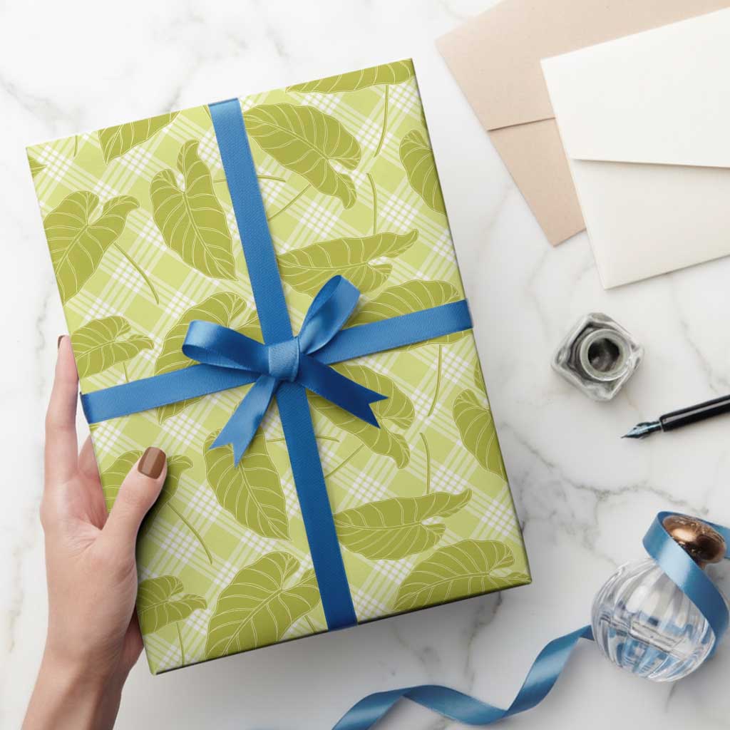 Lime Green Hawaii Kalo Palaka Motifs Wrapping Paper Hawaiian Taro Leaves Elegant Vibes - Polynesian Pride