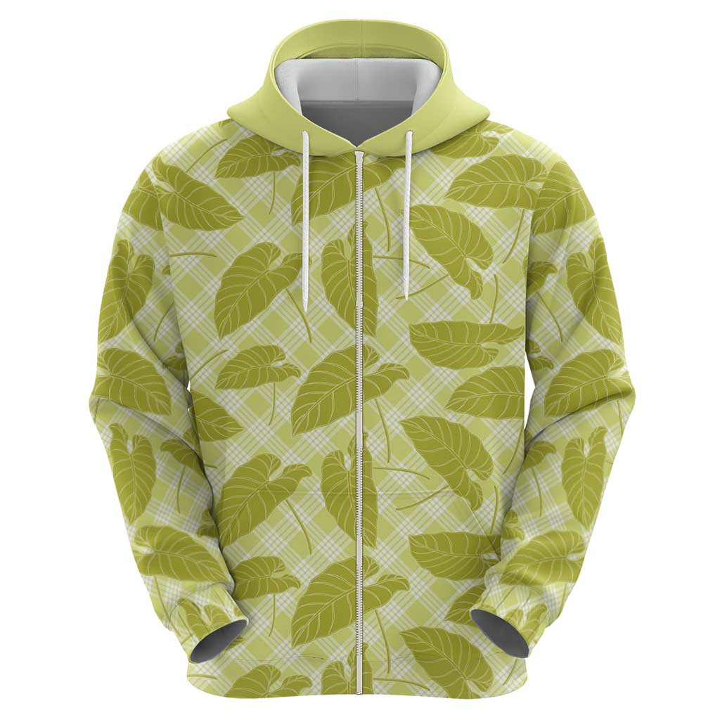 Lime Green Hawaii Kalo Palaka Motifs Zip Hoodie Hawaiian Taro Leaves Elegant Vibes - Polynesian Pride