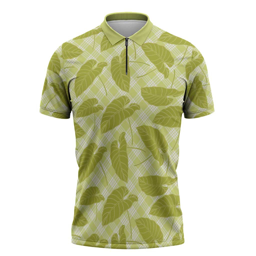 Lime Green Hawaii Kalo Palaka Motifs Zipper Polo Shirt Hawaiian Taro Leaves Elegant Vibes - Polynesian Pride