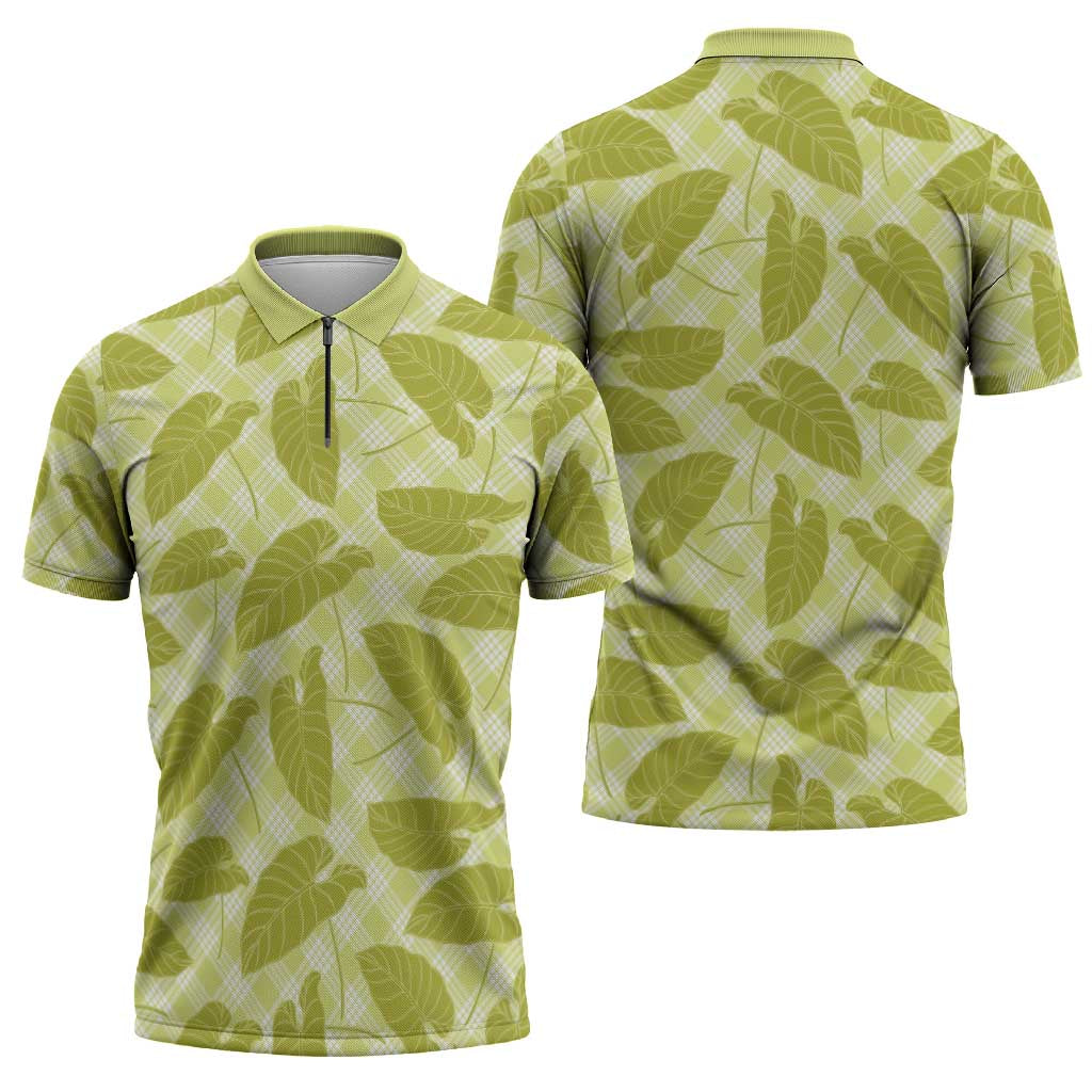 Lime Green Hawaii Kalo Palaka Motifs Zipper Polo Shirt Hawaiian Taro Leaves Elegant Vibes - Polynesian Pride