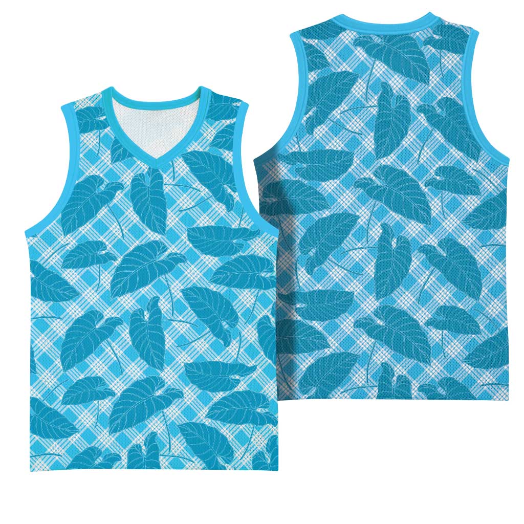 Blue Hawaii Kalo Palaka Motifs Basketball Jersey Hawaiian Taro Leaves Elegant Vibes - Polynesian Pride