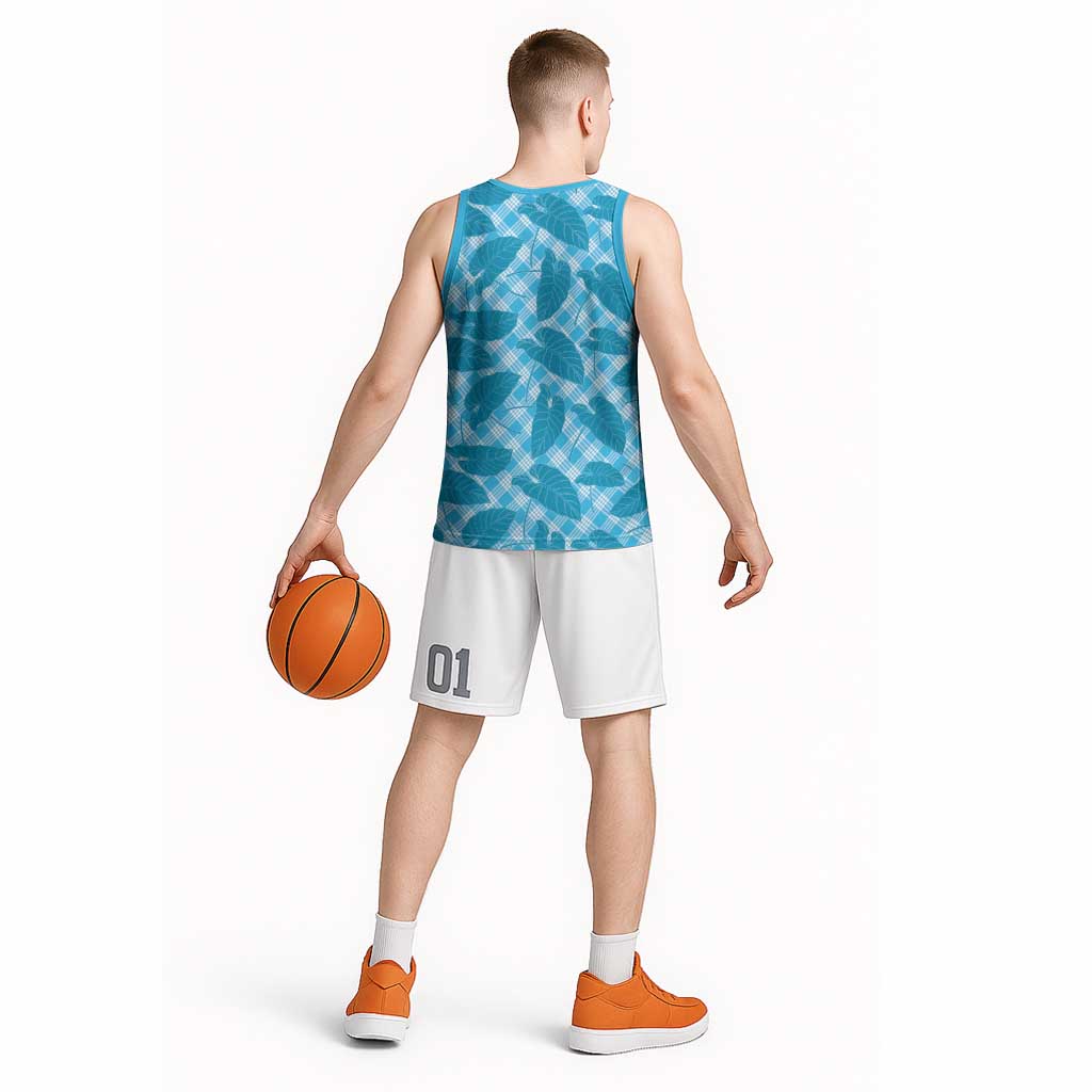 Blue Hawaii Kalo Palaka Motifs Basketball Jersey Hawaiian Taro Leaves Elegant Vibes - Polynesian Pride