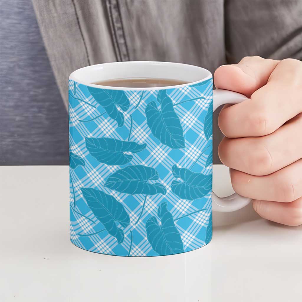 Blue Hawaii Kalo Palaka Motifs Ceramic Mug Hawaiian Taro Leaves Elegant Vibes - Polynesian Pride