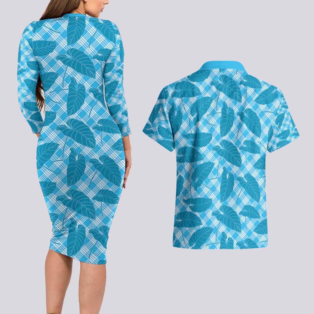 Blue Hawaii Kalo Palaka Motifs Couples Matching Long Sleeve Bodycon Dress and Hawaiian Shirt Hawaiian Taro Leaves Elegant Vibes - Polynesian Pride