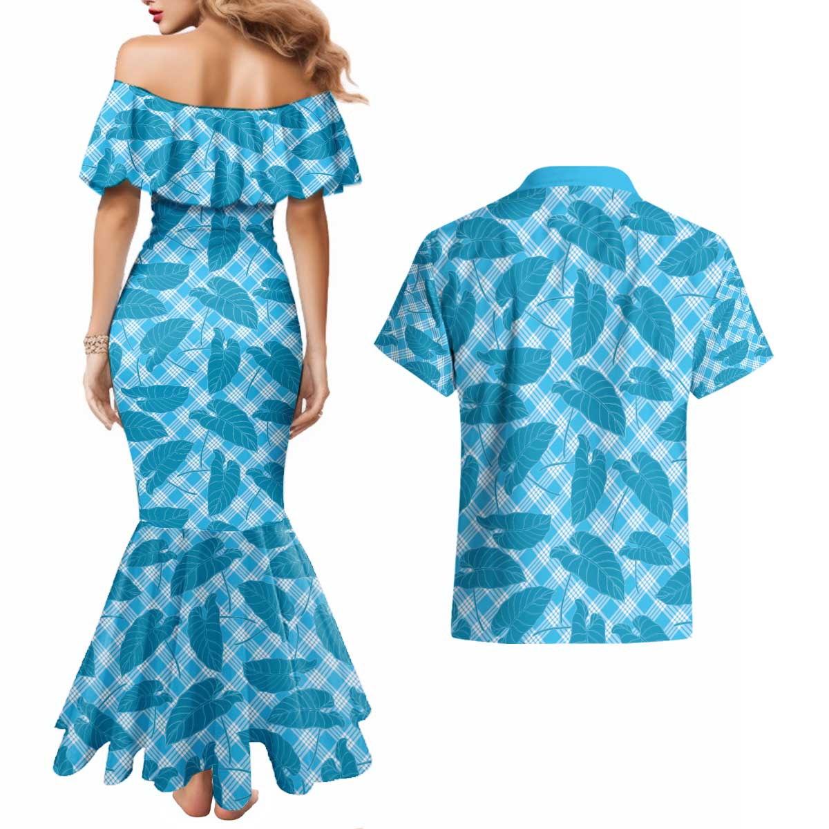 Blue Hawaii Kalo Palaka Motifs Couples Matching Mermaid Dress and Hawaiian Shirt Hawaiian Taro Leaves Elegant Vibes - Polynesian Pride