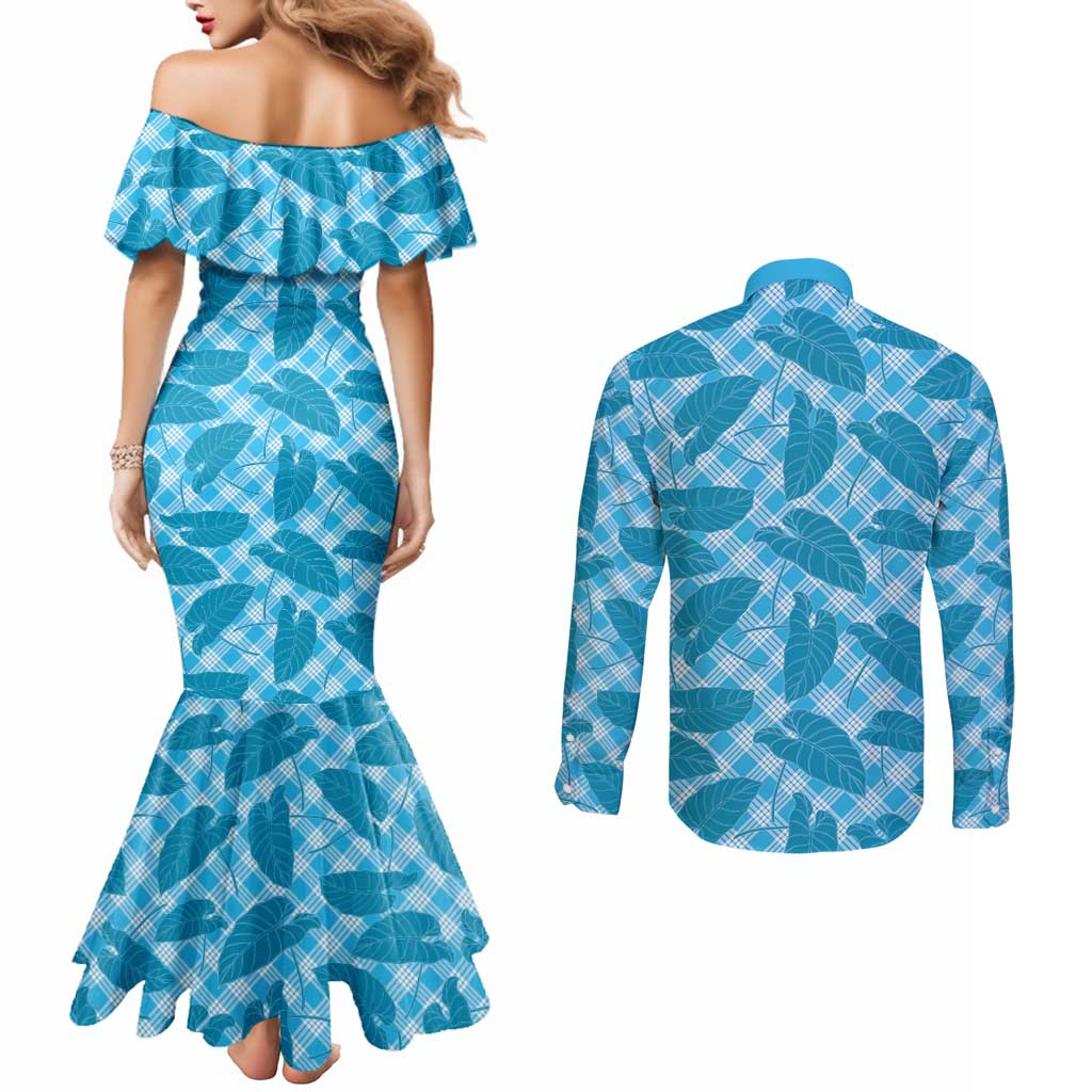 Blue Hawaii Kalo Palaka Motifs Couples Matching Mermaid Dress and Long Sleeve Button Shirt Hawaiian Taro Leaves Elegant Vibes - Polynesian Pride