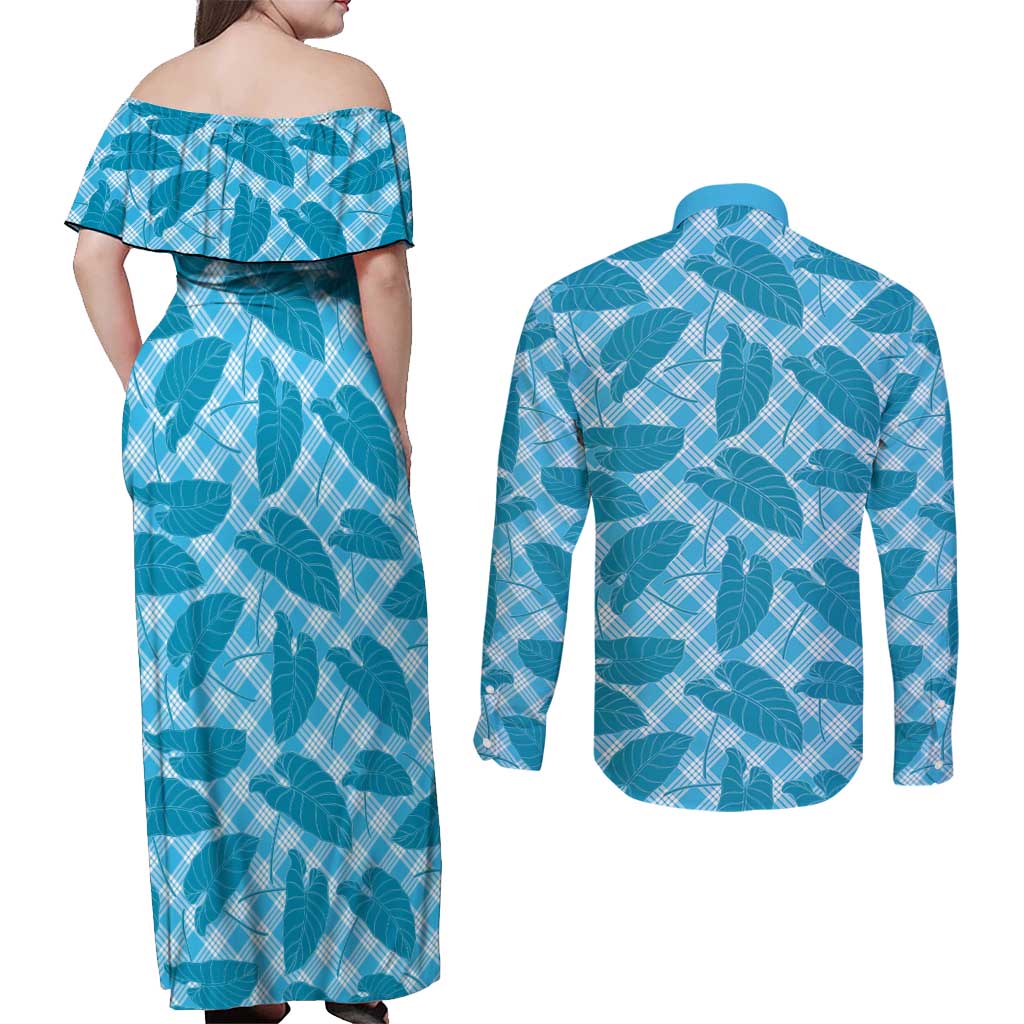 Blue Hawaii Kalo Palaka Motifs Couples Matching Off Shoulder Maxi Dress and Long Sleeve Button Shirt Hawaiian Taro Leaves Elegant Vibes - Polynesian Pride