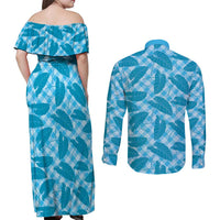 Blue Hawaii Kalo Palaka Motifs Couples Matching Off Shoulder Maxi Dress and Long Sleeve Button Shirt Hawaiian Taro Leaves Elegant Vibes - Polynesian Pride