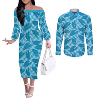 Blue Hawaii Kalo Palaka Motifs Couples Matching Off The Shoulder Long Sleeve Dress and Long Sleeve Button Shirt Hawaiian Taro Leaves Elegant Vibes - Polynesian Pride