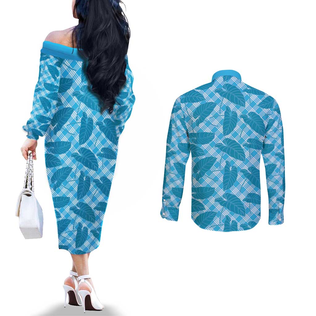 Blue Hawaii Kalo Palaka Motifs Couples Matching Off The Shoulder Long Sleeve Dress and Long Sleeve Button Shirt Hawaiian Taro Leaves Elegant Vibes - Polynesian Pride