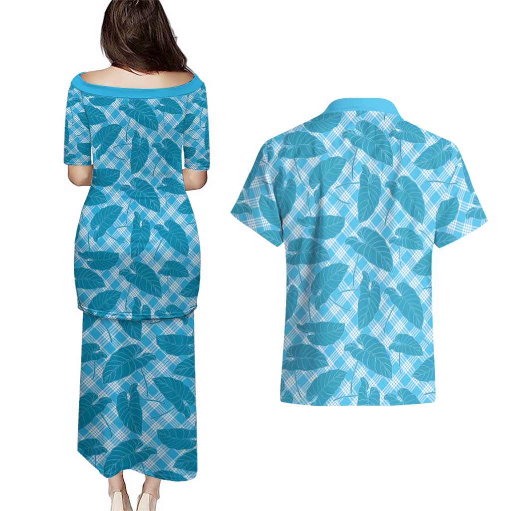 Blue Hawaii Kalo Palaka Motifs Couples Matching Puletasi and Hawaiian Shirt Hawaiian Taro Leaves Elegant Vibes - Polynesian Pride