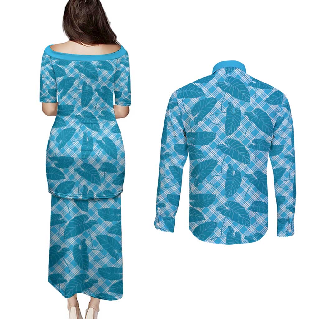 Blue Hawaii Kalo Palaka Motifs Couples Matching Puletasi and Long Sleeve Button Shirt Hawaiian Taro Leaves Elegant Vibes - Polynesian Pride