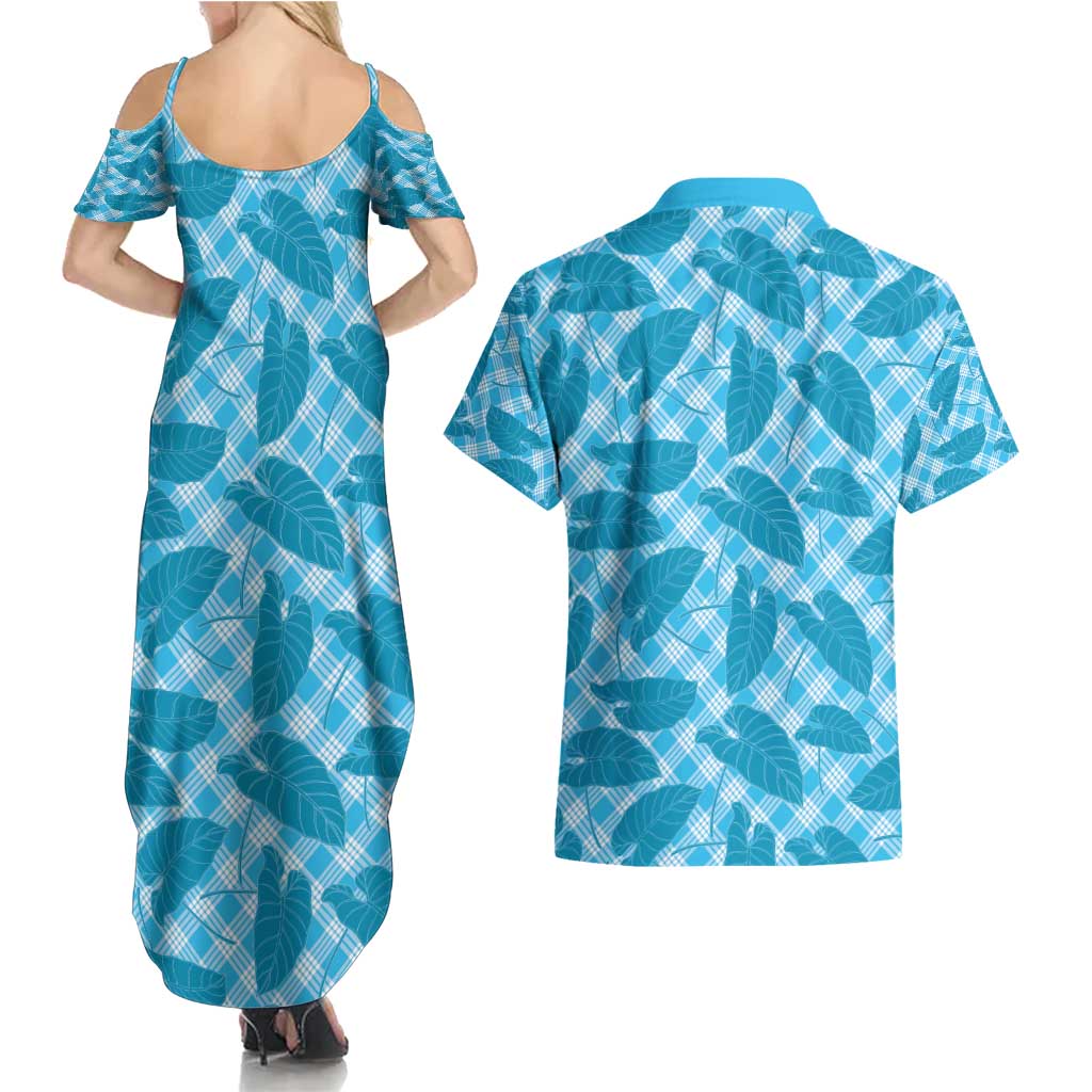 Blue Hawaii Kalo Palaka Motifs Couples Matching Summer Maxi Dress and Hawaiian Shirt Hawaiian Taro Leaves Elegant Vibes - Polynesian Pride