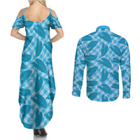 Blue Hawaii Kalo Palaka Motifs Couples Matching Summer Maxi Dress and Long Sleeve Button Shirt Hawaiian Taro Leaves Elegant Vibes - Polynesian Pride