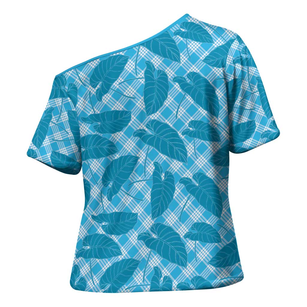 Blue Hawaii Kalo Palaka Motifs Cross Shoulder Shirt Hawaiian Taro Leaves Elegant Vibes - Polynesian Pride