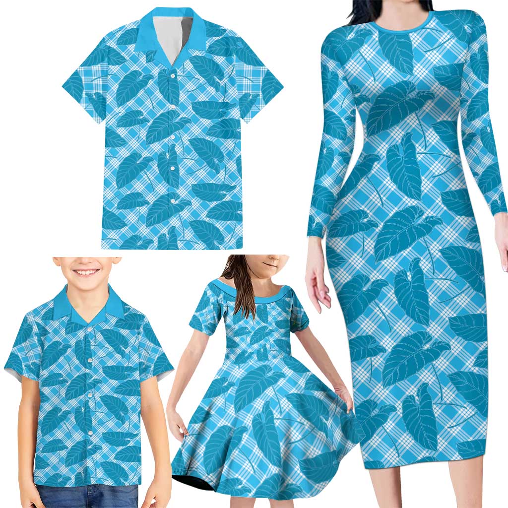 Blue Hawaii Kalo Palaka Motifs Family Matching Long Sleeve Bodycon Dress and Hawaiian Shirt Hawaiian Taro Leaves Elegant Vibes - Polynesian Pride
