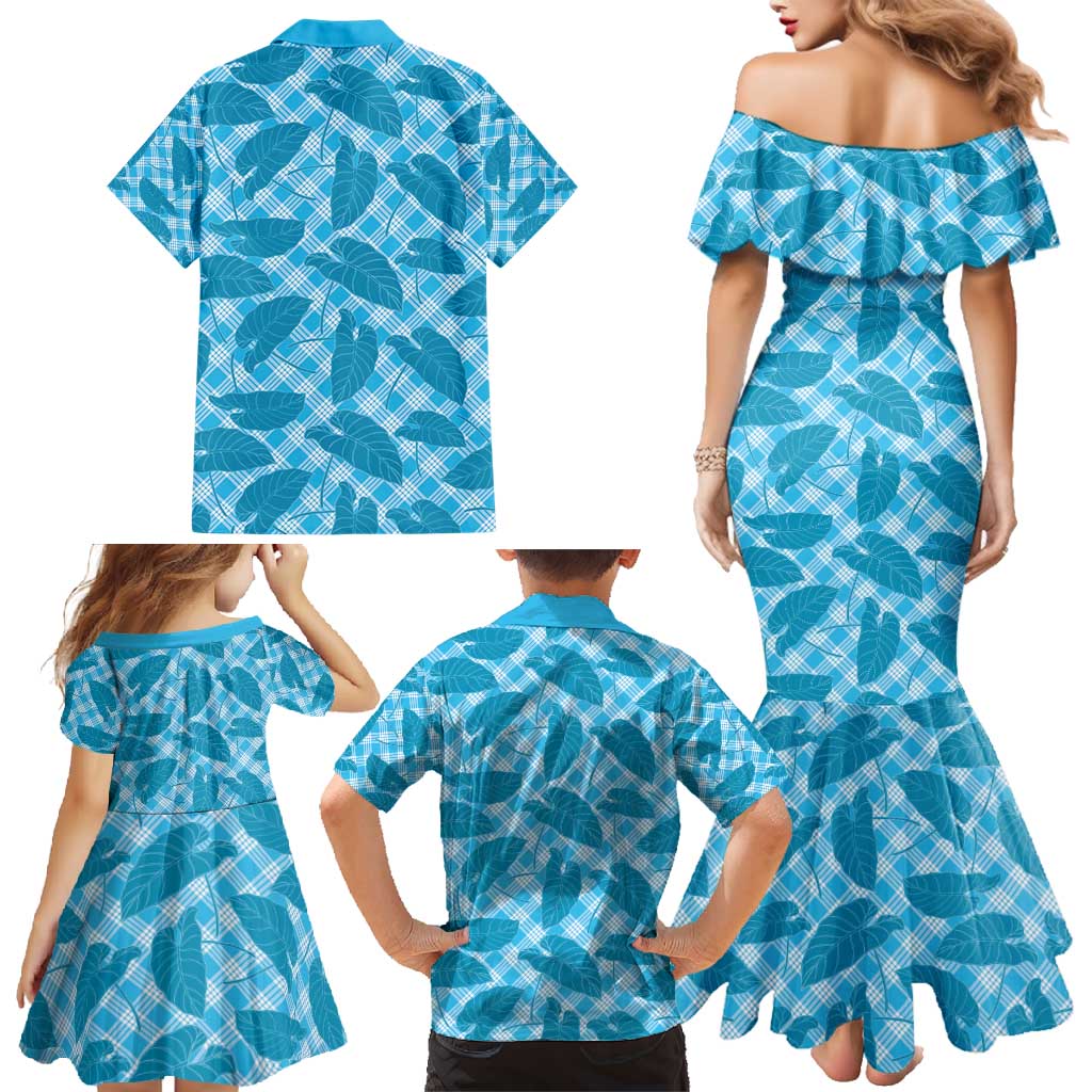 Blue Hawaii Kalo Palaka Motifs Family Matching Mermaid Dress and Hawaiian Shirt Hawaiian Taro Leaves Elegant Vibes - Polynesian Pride
