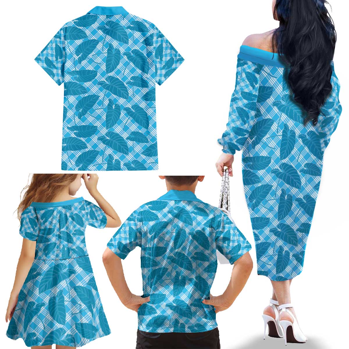 Blue Hawaii Kalo Palaka Motifs Family Matching Off The Shoulder Long Sleeve Dress and Hawaiian Shirt Hawaiian Taro Leaves Elegant Vibes - Polynesian Pride