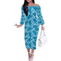 Blue Hawaii Kalo Palaka Motifs Family Matching Off The Shoulder Long Sleeve Dress and Hawaiian Shirt Hawaiian Taro Leaves Elegant Vibes - Polynesian Pride