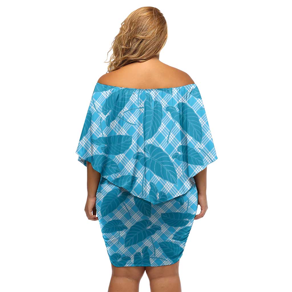 Blue Hawaii Kalo Palaka Motifs Family Matching Off Shoulder Short Dress and Hawaiian Shirt Hawaiian Taro Leaves Elegant Vibes - Polynesian Pride