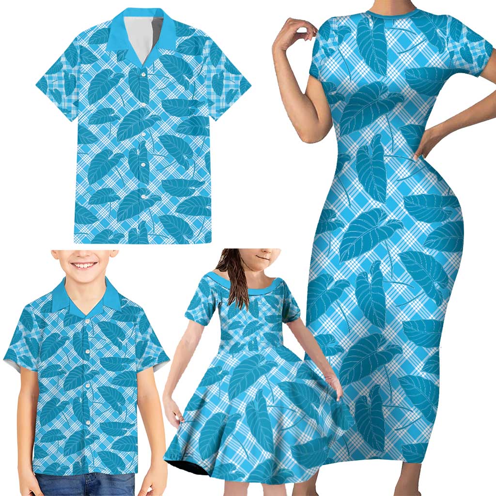 Blue Hawaii Kalo Palaka Motifs Family Matching Short Sleeve Bodycon Dress and Hawaiian Shirt Hawaiian Taro Leaves Elegant Vibes - Polynesian Pride