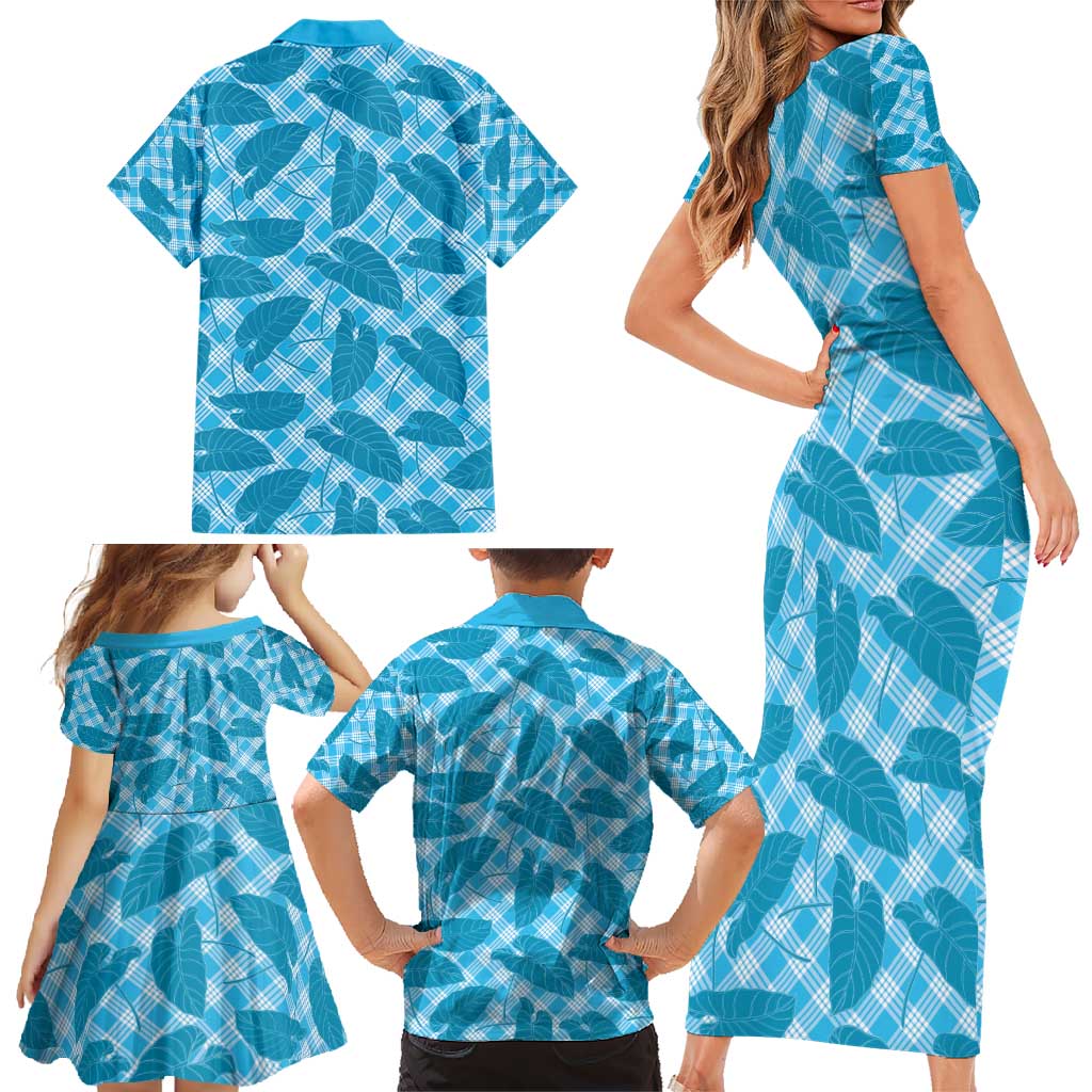 Blue Hawaii Kalo Palaka Motifs Family Matching Short Sleeve Bodycon Dress and Hawaiian Shirt Hawaiian Taro Leaves Elegant Vibes - Polynesian Pride