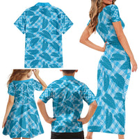 Blue Hawaii Kalo Palaka Motifs Family Matching Short Sleeve Bodycon Dress and Hawaiian Shirt Hawaiian Taro Leaves Elegant Vibes - Polynesian Pride
