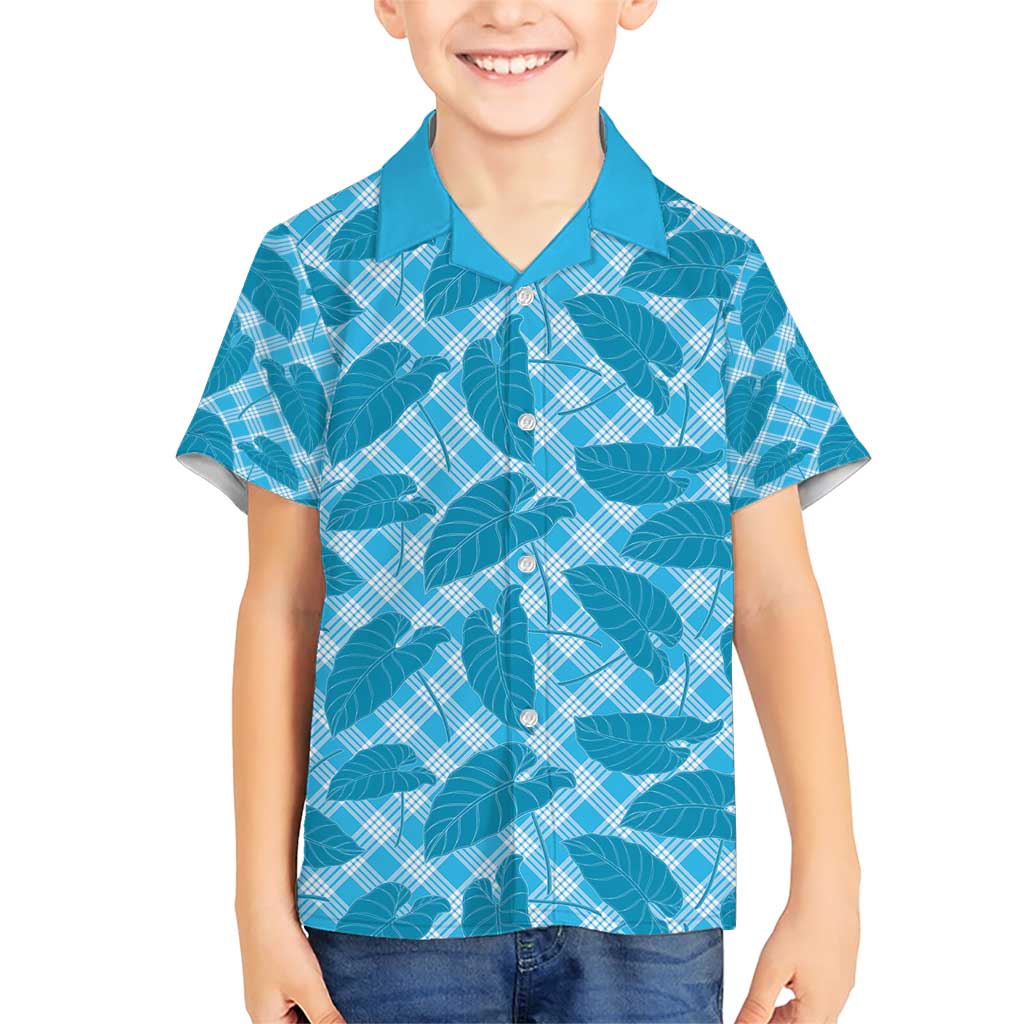 Blue Hawaii Kalo Palaka Motifs Family Matching Short Sleeve Bodycon Dress and Hawaiian Shirt Hawaiian Taro Leaves Elegant Vibes - Polynesian Pride