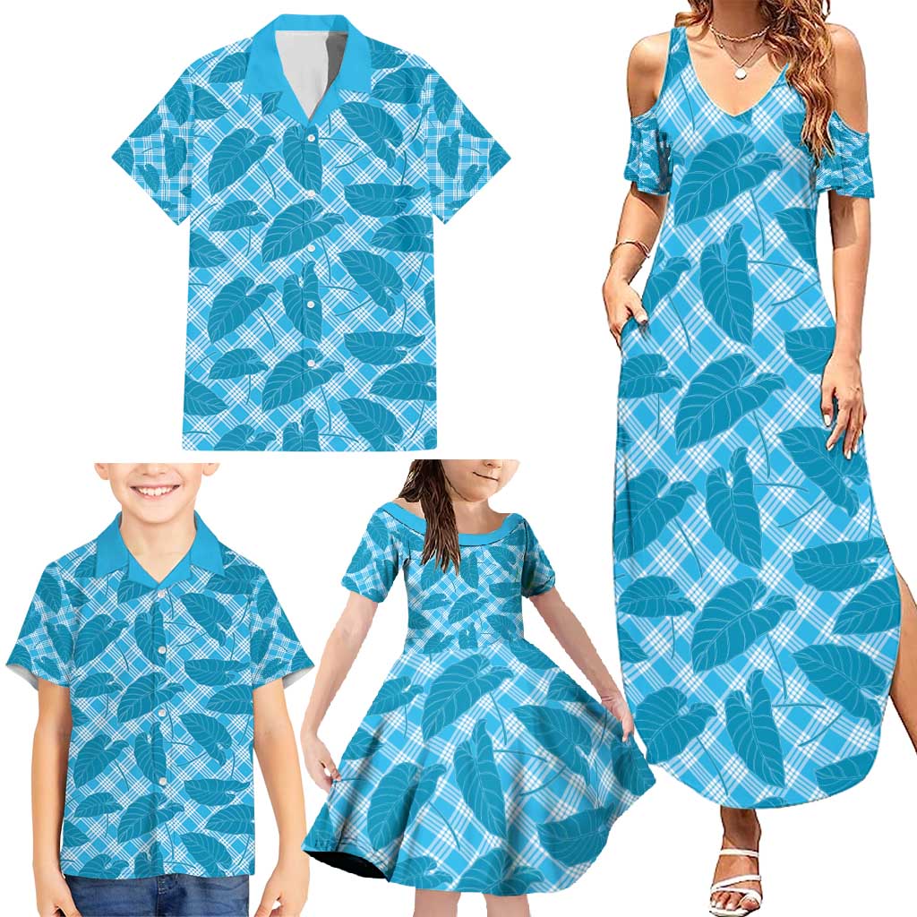 Blue Hawaii Kalo Palaka Motifs Family Matching Summer Maxi Dress and Hawaiian Shirt Hawaiian Taro Leaves Elegant Vibes - Polynesian Pride
