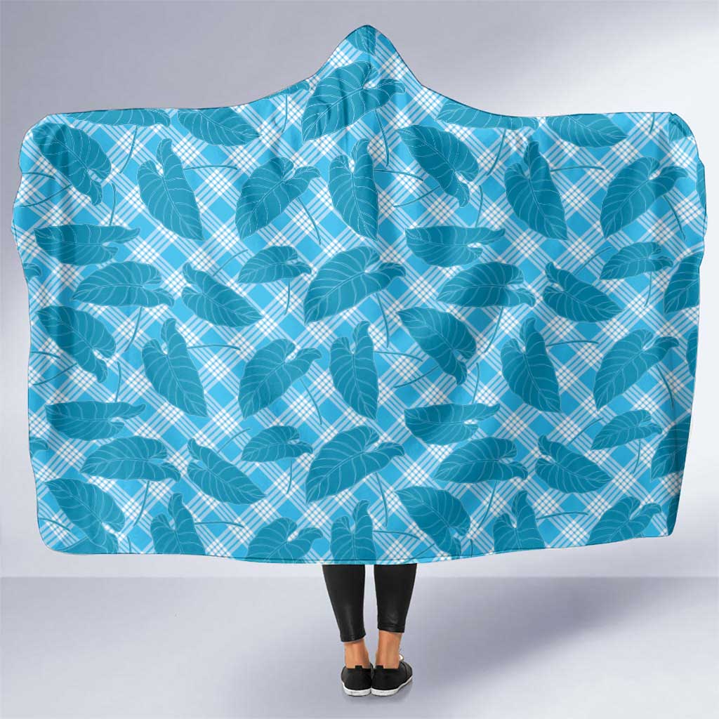 Blue Hawaii Kalo Palaka Motifs Hooded Blanket Hawaiian Taro Leaves Elegant Vibes - Polynesian Pride