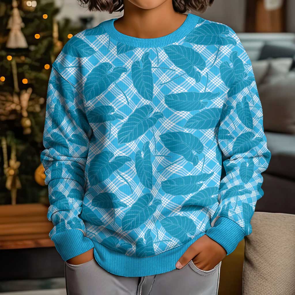 Blue Hawaii Kalo Palaka Motifs Kid Ugly Christmas Sweater Hawaiian Taro Leaves Elegant Vibes - Polynesian Pride