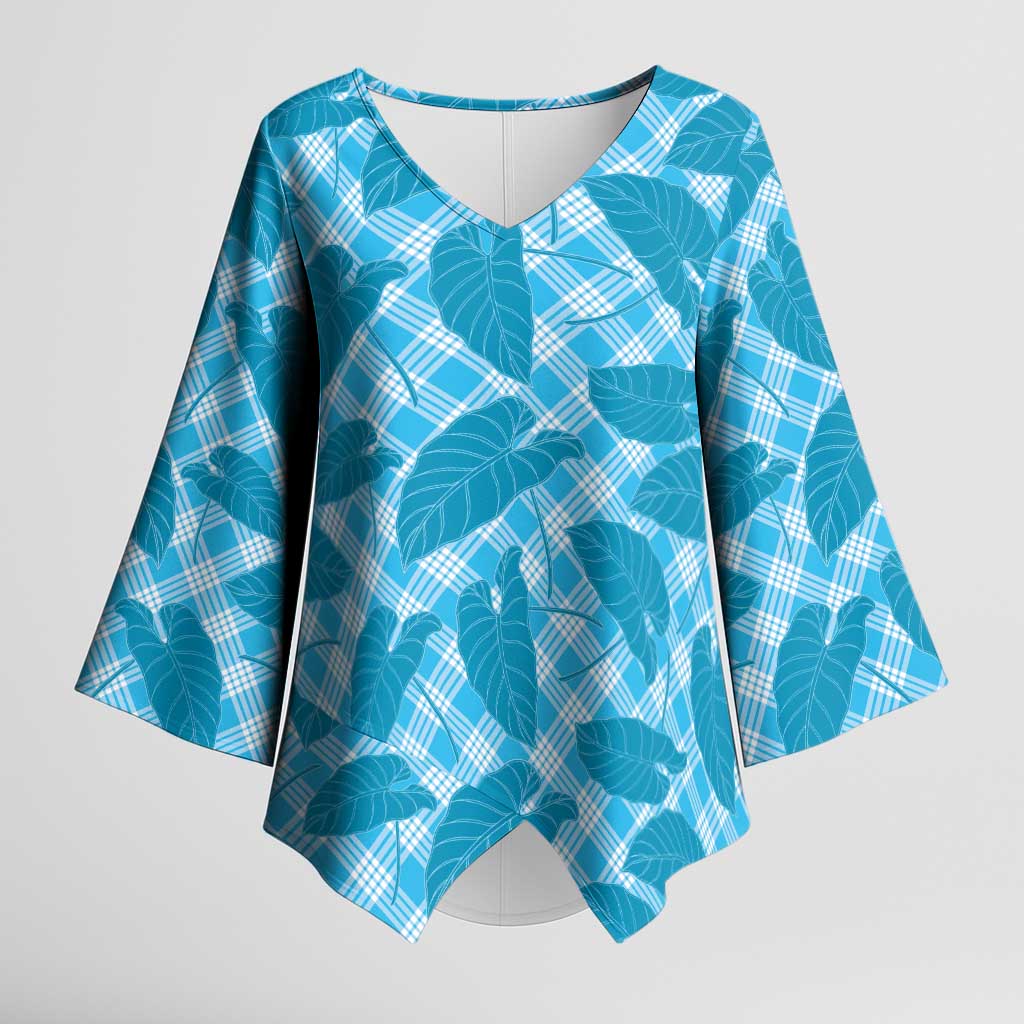 Blue Hawaii Kalo Palaka Motifs Kimono Sleeve Blouse Hawaiian Taro Leaves Elegant Vibes - Polynesian Pride