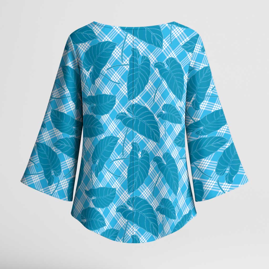 Blue Hawaii Kalo Palaka Motifs Kimono Sleeve Blouse Hawaiian Taro Leaves Elegant Vibes - Polynesian Pride