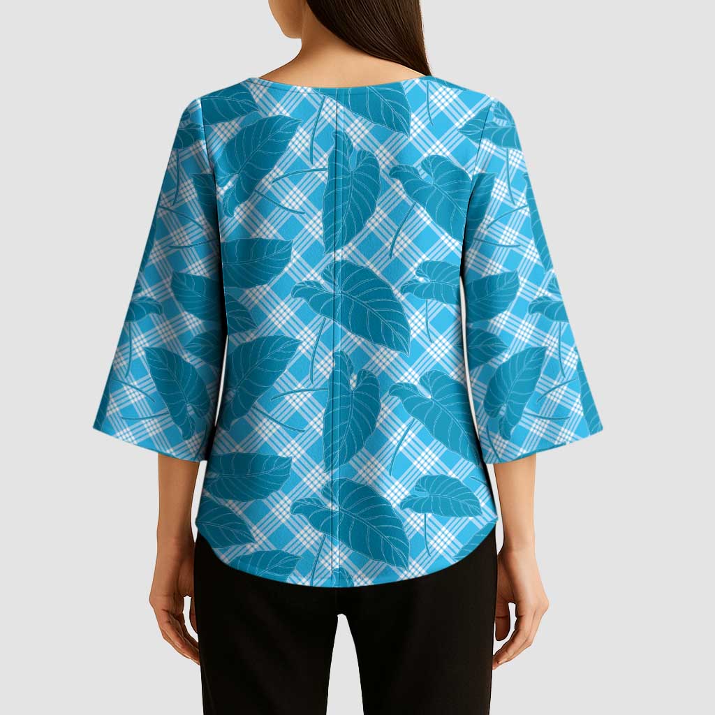 Blue Hawaii Kalo Palaka Motifs Kimono Sleeve Blouse Hawaiian Taro Leaves Elegant Vibes - Polynesian Pride