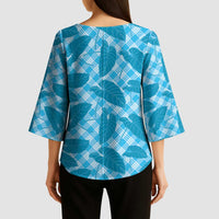 Blue Hawaii Kalo Palaka Motifs Kimono Sleeve Blouse Hawaiian Taro Leaves Elegant Vibes - Polynesian Pride