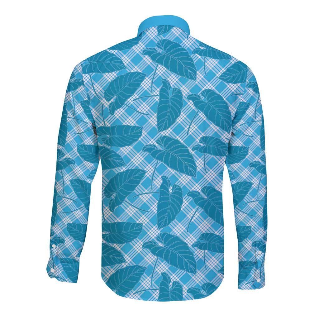 Blue Hawaii Kalo Palaka Motifs Long Sleeve Button Shirt Hawaiian Taro Leaves Elegant Vibes - Polynesian Pride