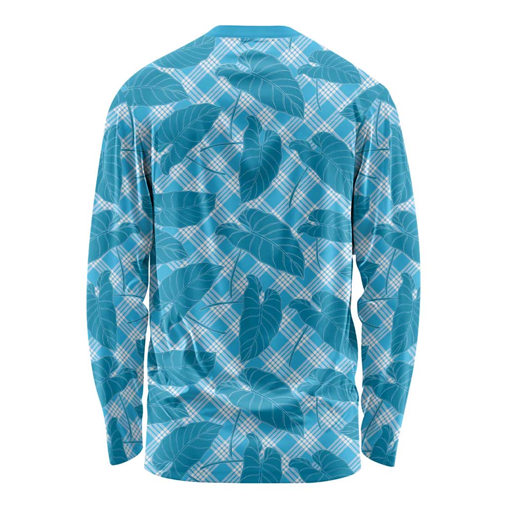 Blue Hawaii Kalo Palaka Motifs Long Sleeve Shirt Hawaiian Taro Leaves Elegant Vibes - Polynesian Pride
