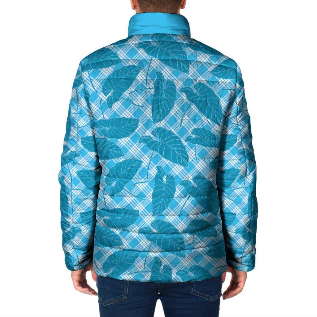 Blue Hawaii Kalo Palaka Motifs Padded Jacket Hawaiian Taro Leaves Elegant Vibes - Polynesian Pride