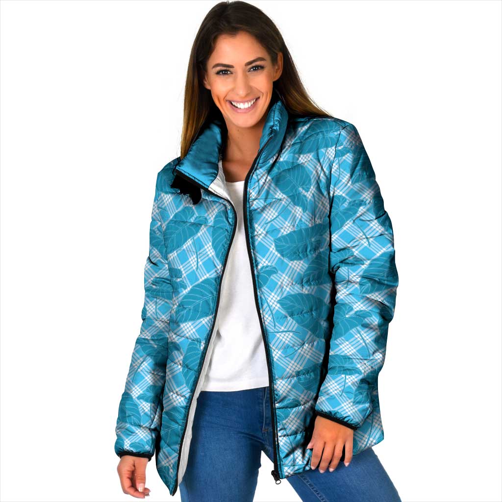 Blue Hawaii Kalo Palaka Motifs Padded Jacket Hawaiian Taro Leaves Elegant Vibes - Polynesian Pride