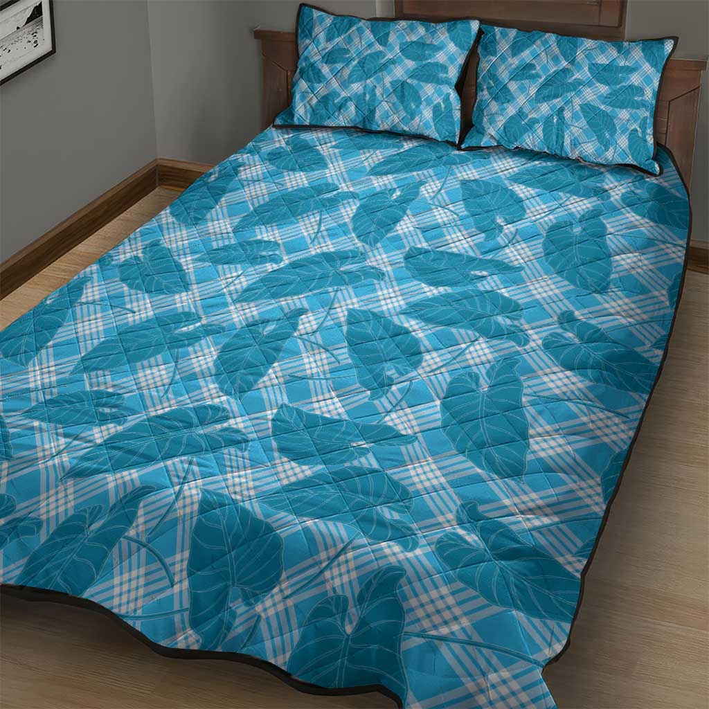 Blue Hawaii Kalo Palaka Motifs Quilt Bed Set Hawaiian Taro Leaves Elegant Vibes - Polynesian Pride