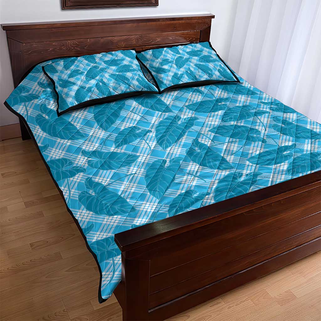 Blue Hawaii Kalo Palaka Motifs Quilt Bed Set Hawaiian Taro Leaves Elegant Vibes - Polynesian Pride