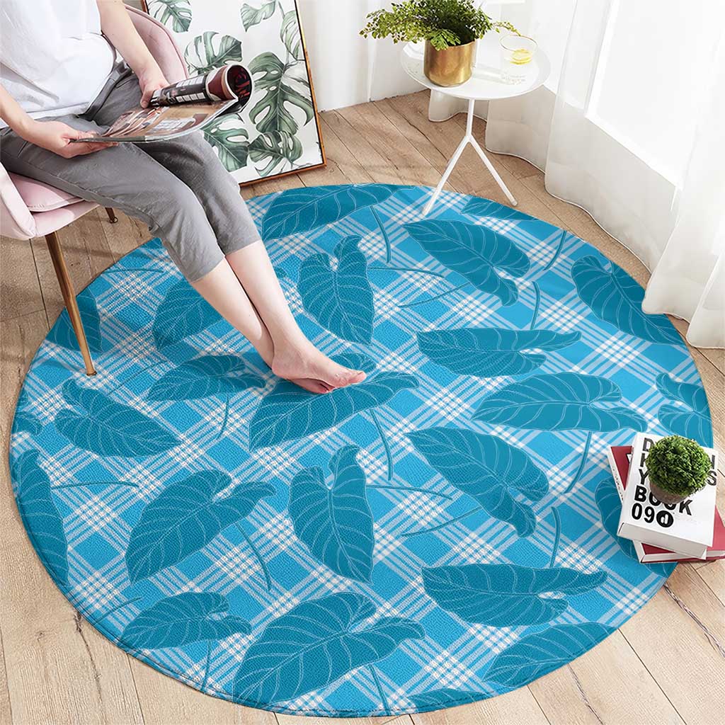 Blue Hawaii Kalo Palaka Motifs Round Carpet Hawaiian Taro Leaves Elegant Vibes - Polynesian Pride