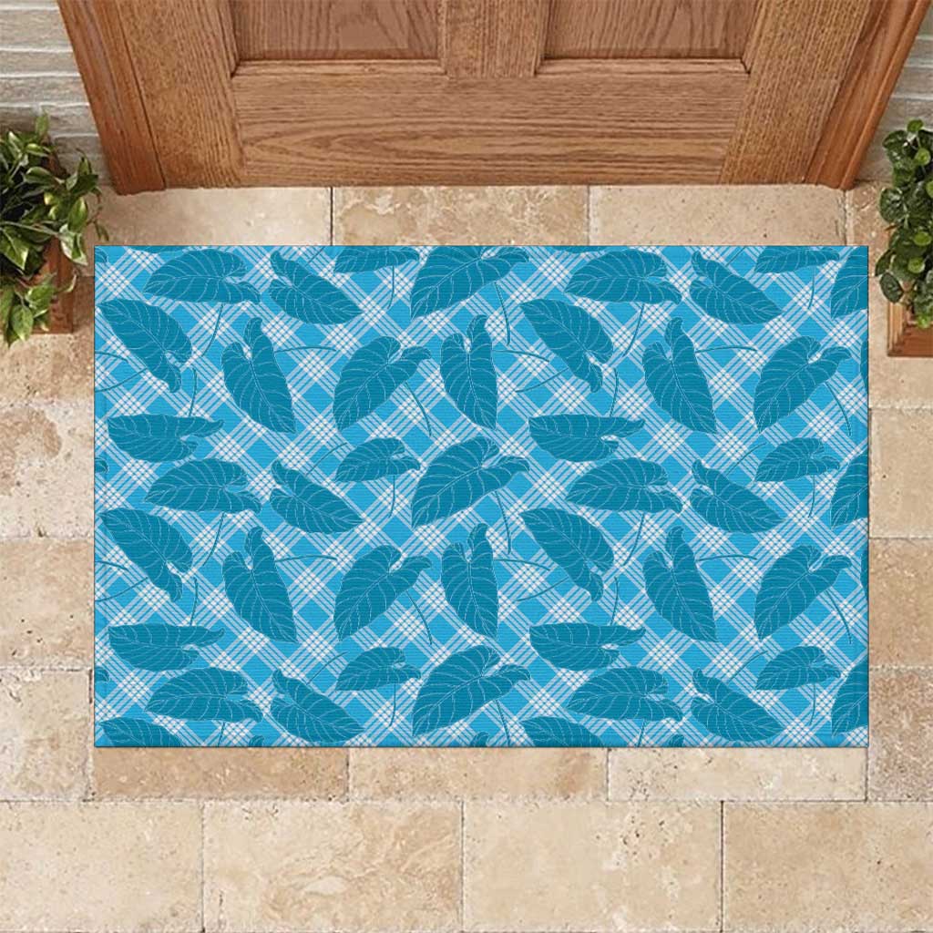 Blue Hawaii Kalo Palaka Motifs Rubber Doormat Hawaiian Taro Leaves Elegant Vibes - Polynesian Pride