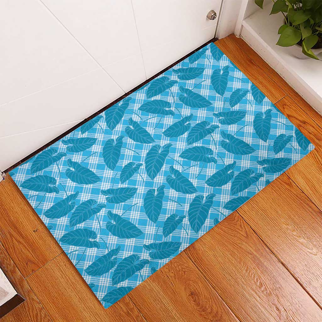 Blue Hawaii Kalo Palaka Motifs Rubber Doormat Hawaiian Taro Leaves Elegant Vibes - Polynesian Pride
