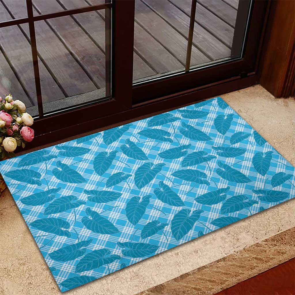 Blue Hawaii Kalo Palaka Motifs Rubber Doormat Hawaiian Taro Leaves Elegant Vibes - Polynesian Pride