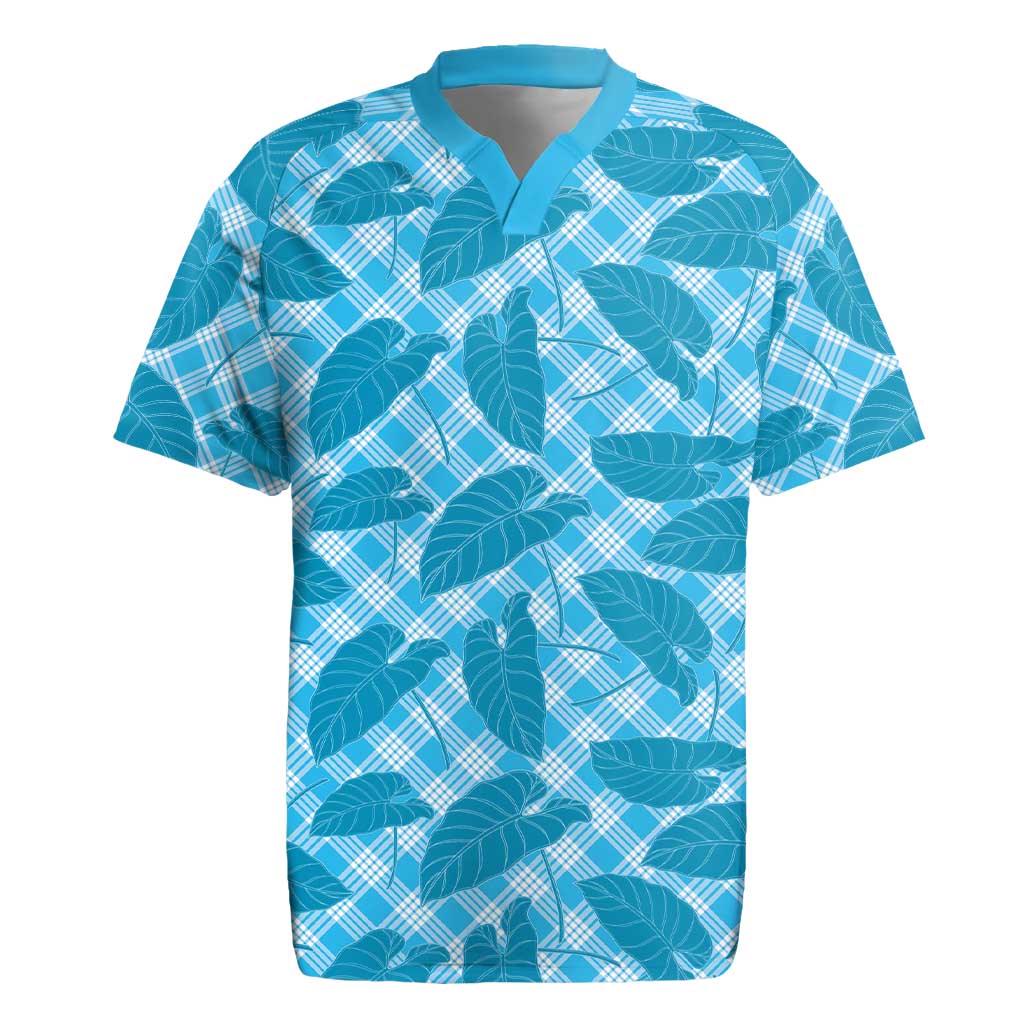 Blue Hawaii Kalo Palaka Motifs Rugby Jersey Hawaiian Taro Leaves Elegant Vibes - Polynesian Pride